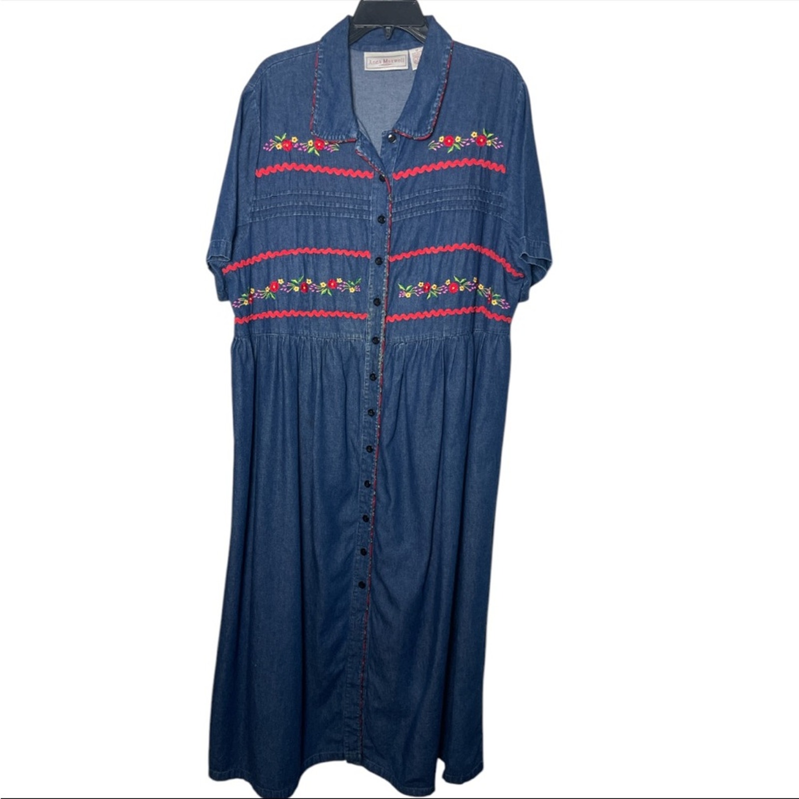 Vtg Anna Maxwell Denim Maxi Dress 1x Floral Embroidered Cottagecore Modest